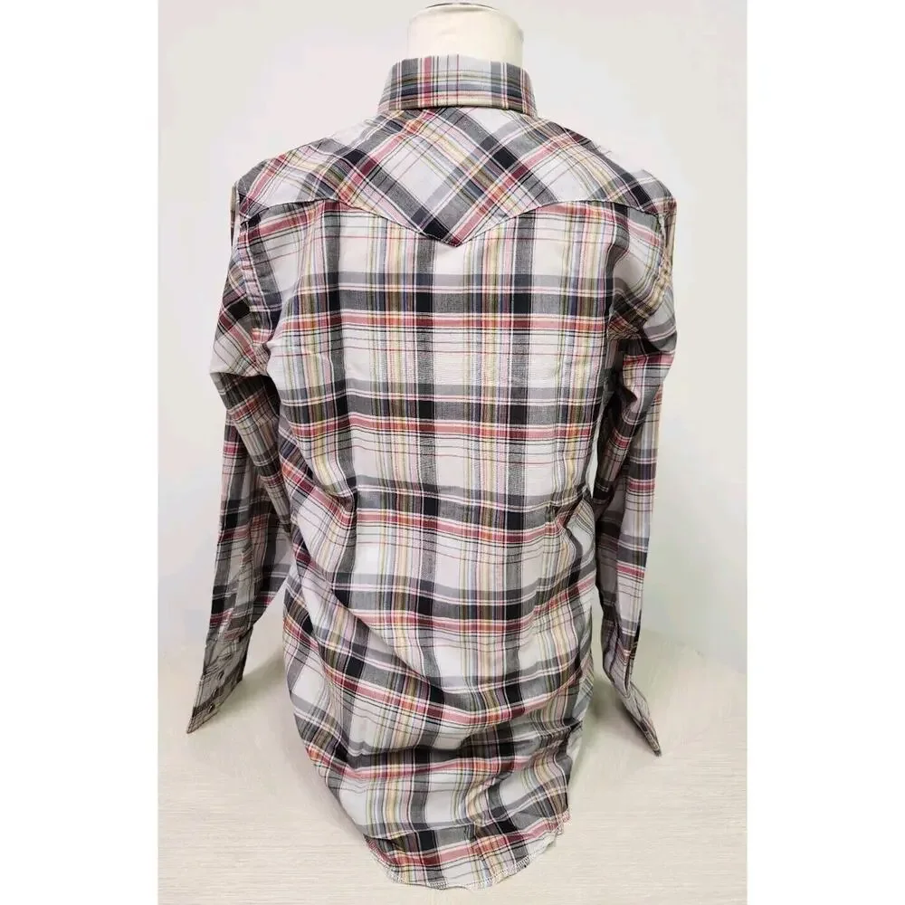 Vintage 60s Wrangler Cursive Label USA Western Plaid Pearl Buttons Nwot 16-34 - Picture 3 of 12